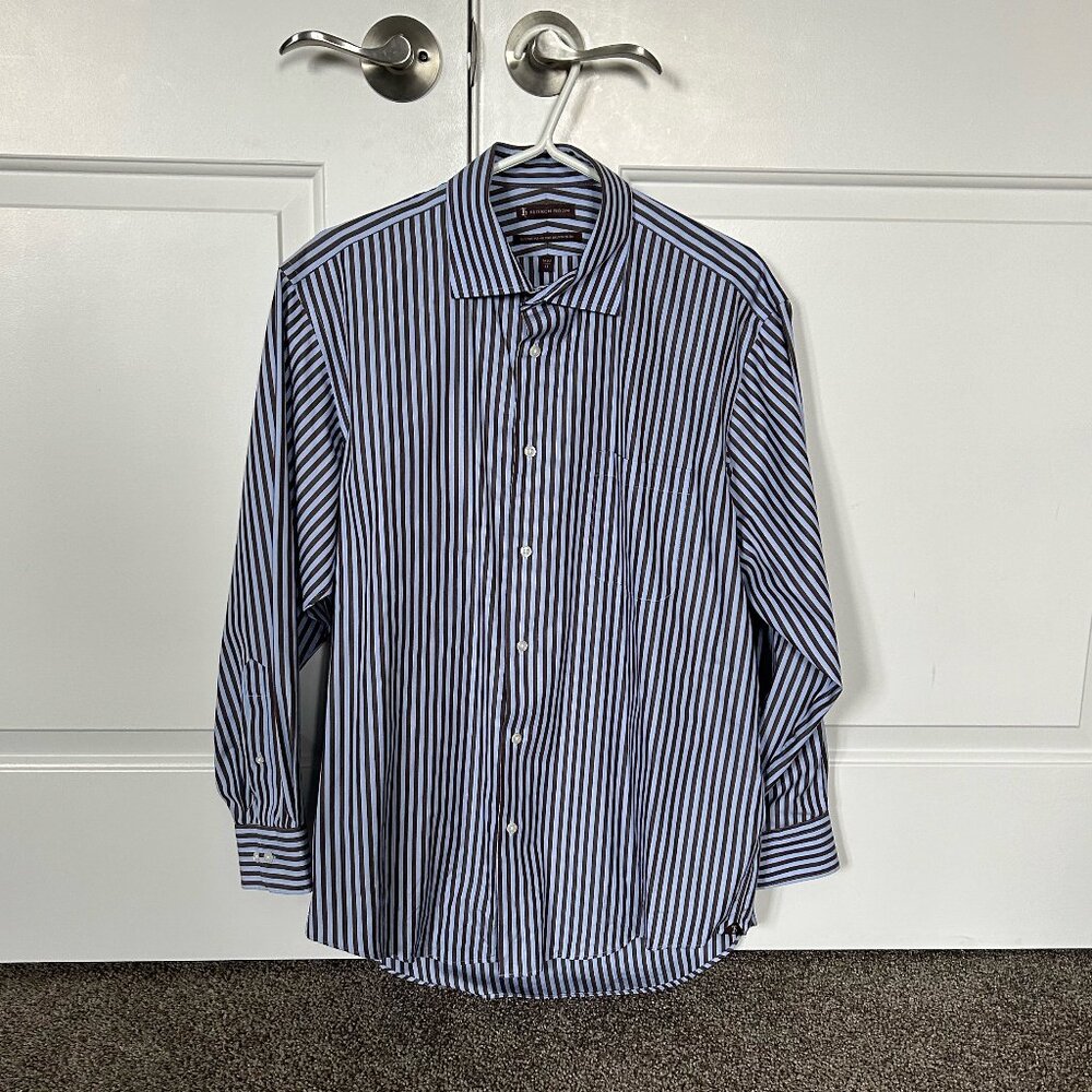 Hudson Room Men's Button Down Dress Shirt Blue with Brown Stripes Size 16.5/33